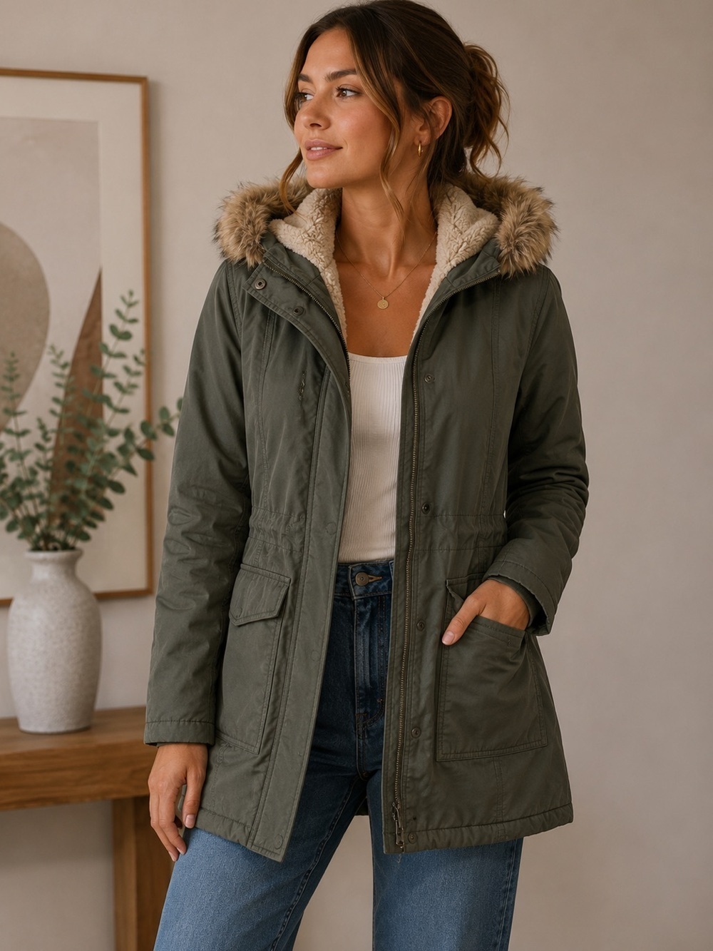 Levi's Green and Tan Utility Parka Jacket Sherpa Lined Women’s XS